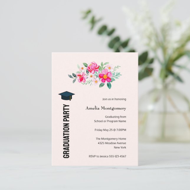 Postal De Invitación Jugadora fiesta de graduación de flores rosas de B (Anverso de pie)