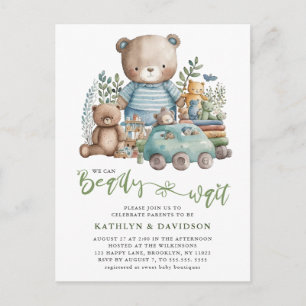 Postal De Invitación Juguetes de animales de bosque azul Cute Script Ba