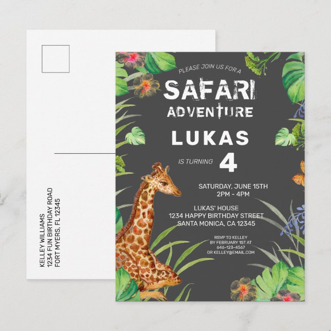 Postal De Invitación Juicio de niños pequeños Safari de la selva (Anverso / Reverso)
