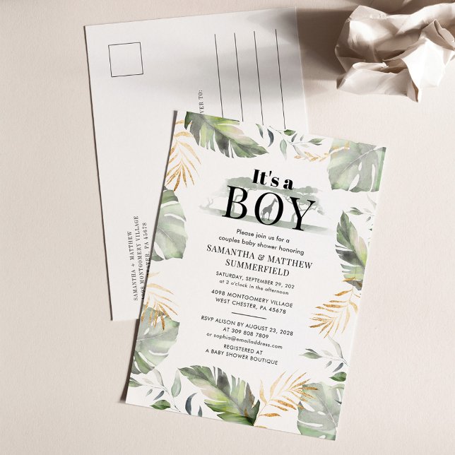 Postal De Invitación Jungle Safari Greenery Parejas Baby Shower (Palm Leaves Boy Baby Shower Invitation Post Card)