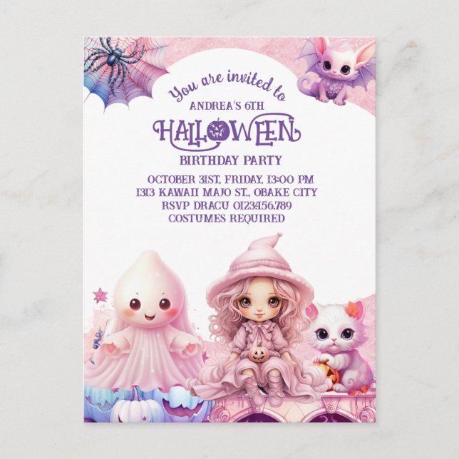 Postal De Invitación Kawaii Cute Pink Halloween cumpleaños (Anverso)
