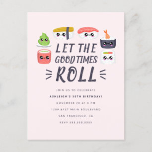 Postal De Invitación Kawaii Sushi Rolls fiesta de cumpleaños