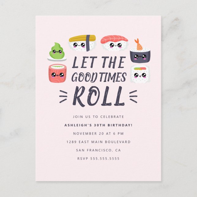 Postal De Invitación Kawaii Sushi Rolls fiesta de cumpleaños (Anverso)