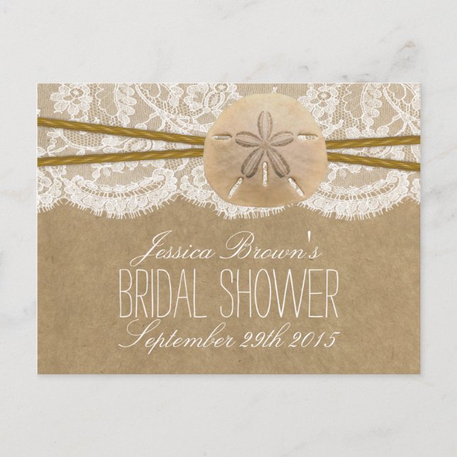 Postal De Invitación Kraft Lace Sand Dollar Beach Bridal Shower Receta (Anverso)