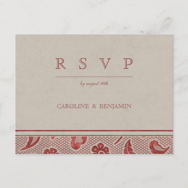 Postal De Invitación Kraft rojo Lace boda rústica rural RSVP (Anverso)