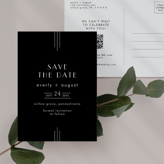 Postal De Invitación La boda negra de estilo Art Déco moderno salva la  (EVERLY Modern Art Deco Black Wedding Save the Date Invitation Postcard)