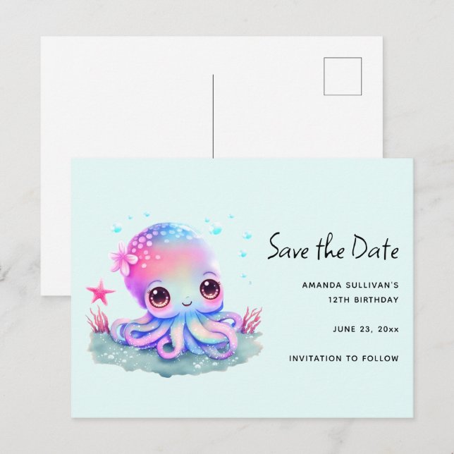 Postal De Invitación La criatura marina del pulpo puro salva la fecha (Anverso / Reverso)