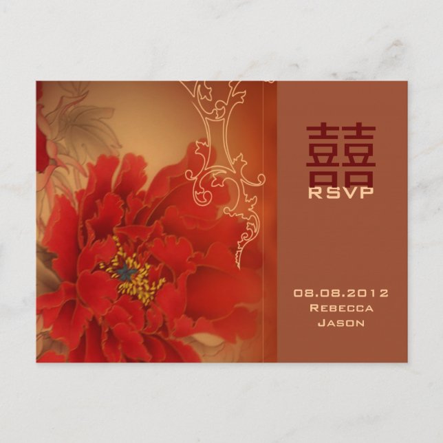 Postal De Invitación La doble peonía roja sucede en la boda china RSVP (Anverso)