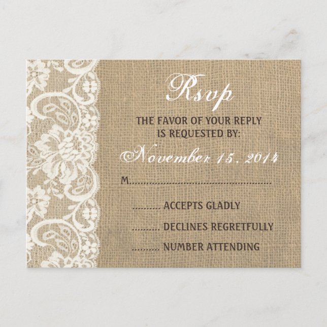 Postal De Invitación Lace Look Rustic WARM Burlap Wedding RSVP PostCard (Anverso)