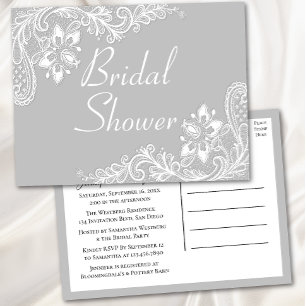 Postal De Invitación Lado Gris Lacy Blanco Elegante Ducha Bridal