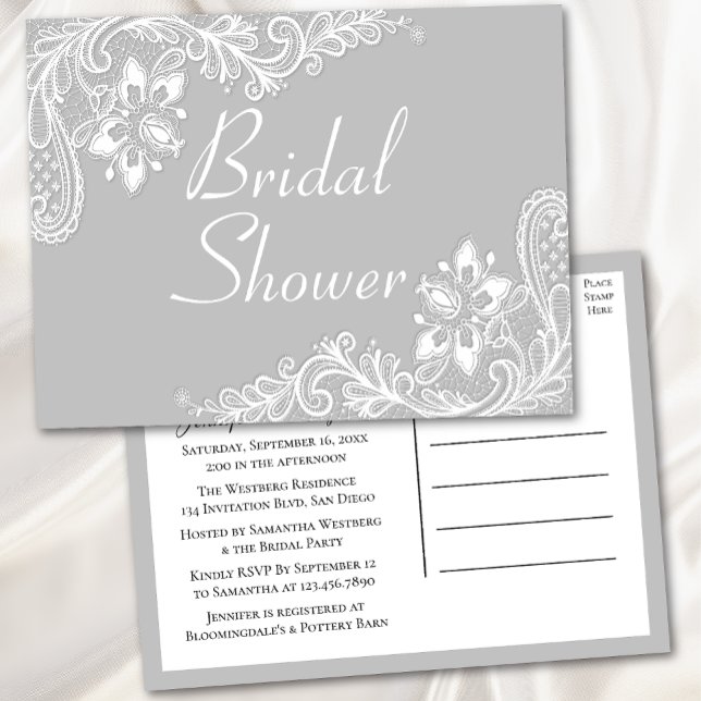 Postal De Invitación Lado Gris Lacy Blanco Elegante Ducha Bridal (Subido por el creador)