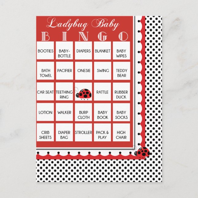 Postal De Invitación Ladybug Polkadots Baby Shower Bingo Card 1 (Anverso)