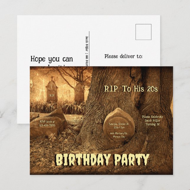 Postal De Invitación Lápidas góticas de cementerio QEPD a sus 20 años c (Anverso / Reverso)