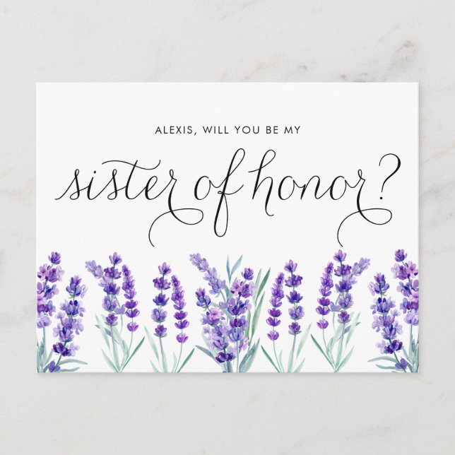 Postal De Invitación Lavanda acuática serás mi hermana. (Anverso)