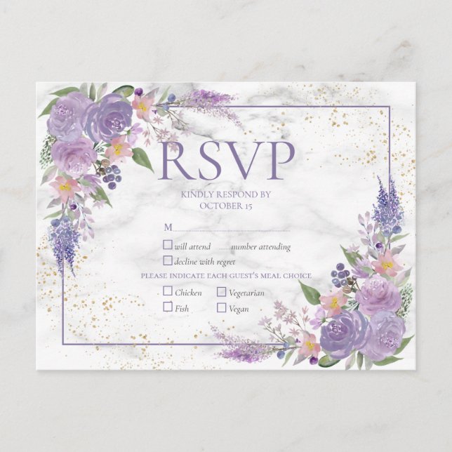 Postal De Invitación Lavanda Rústica Lilac Boda Floral de Oro RSVP (Anverso)