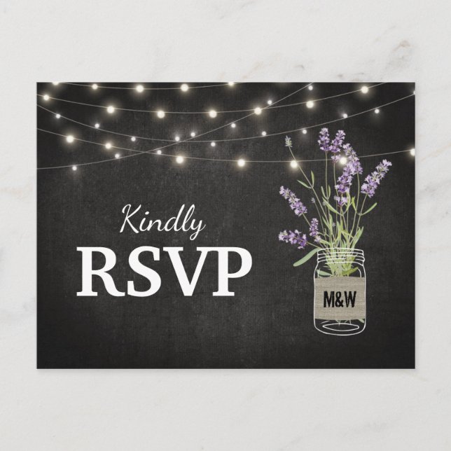 Postal De Invitación Lavanda Rústica Mason Jar Luces Boda RSVP (Anverso)