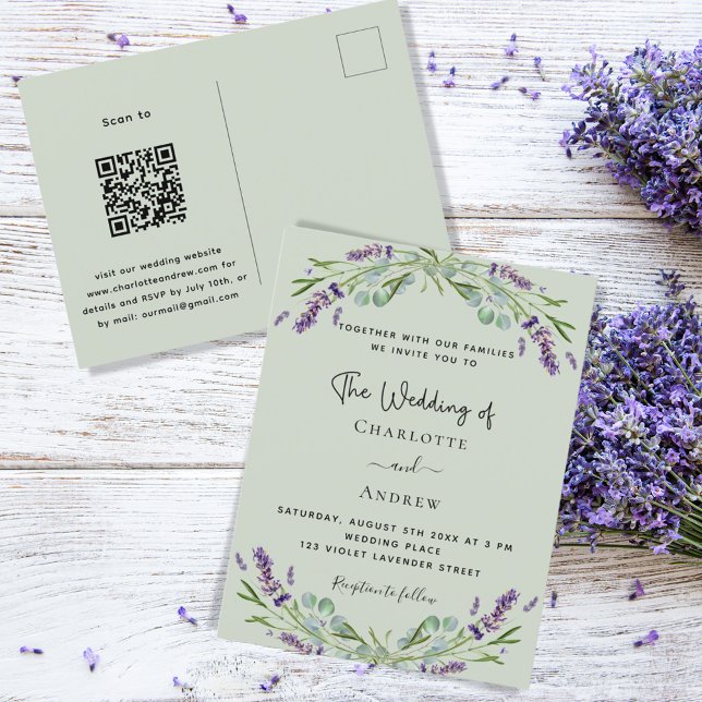 Postal De Invitación Lavanda verde floral sage verde boda QR (Subido por el creador)