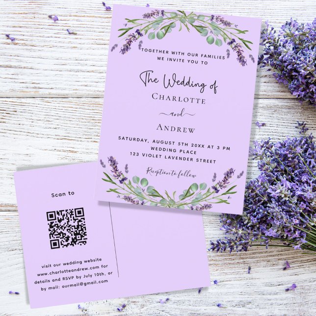 Postal De Invitación Lavender boda de código QR violeta de vegetación f (Subido por el creador)
