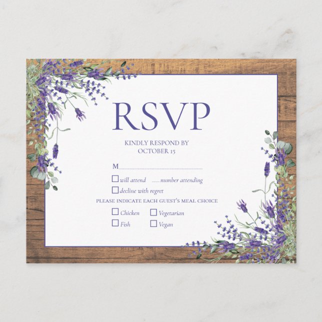 Postal De Invitación Lavender Eucalyptus Boda Botánica de Madera RSVP (Anverso)