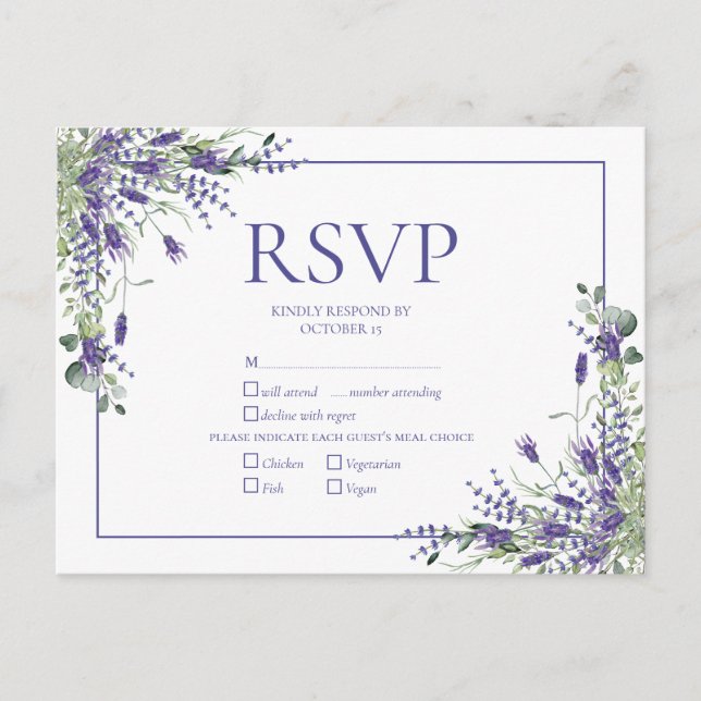 Postal De Invitación Lavender Eucalyptus Boda de Guión Botánico RSVP (Anverso)