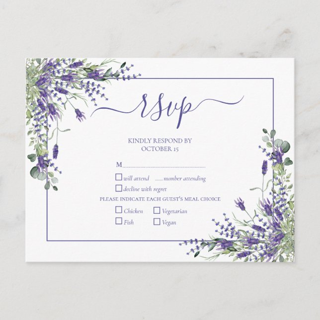 Postal De Invitación Lavender Eucalyptus Boda de Guión Botánico RSVP (Anverso)