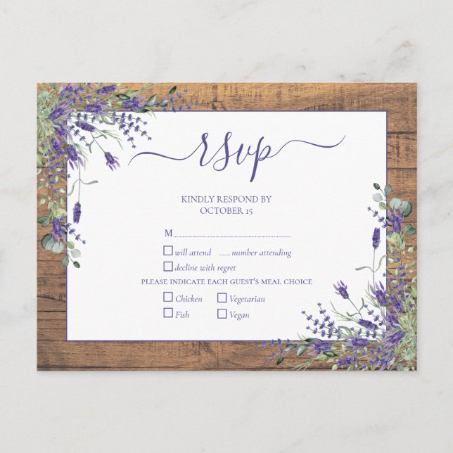Postal De Invitación Lavender Eucalyptus Script Wood Wedding RSVP (Anverso)