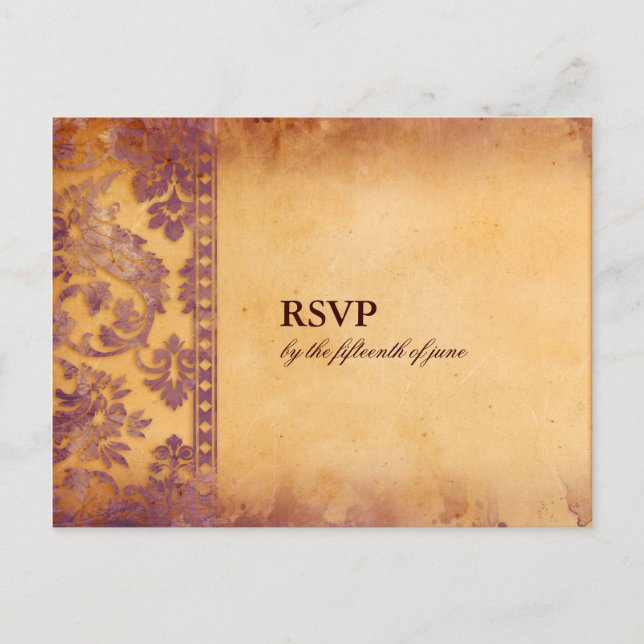 Postal De Invitación Lavish Lilac Grunge Damask Wedding RSVP Postcard (Anverso)