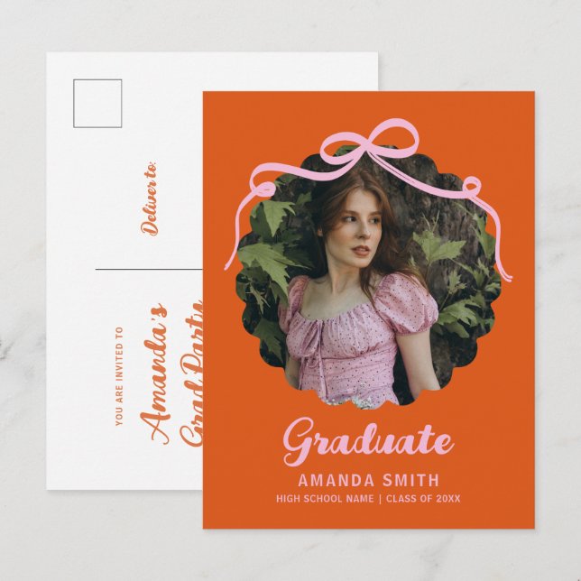 Postal De Invitación Lazo Coquette Retro Naranja y Rosa Foto de Graduac (Anverso / Reverso)