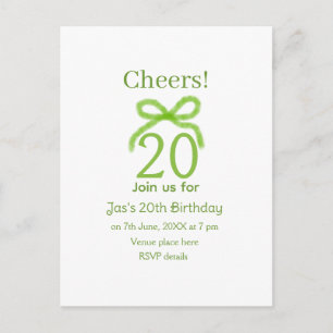 Postal De Invitación lazo de cumpleaños 20 verde acuarela nombre negrit
