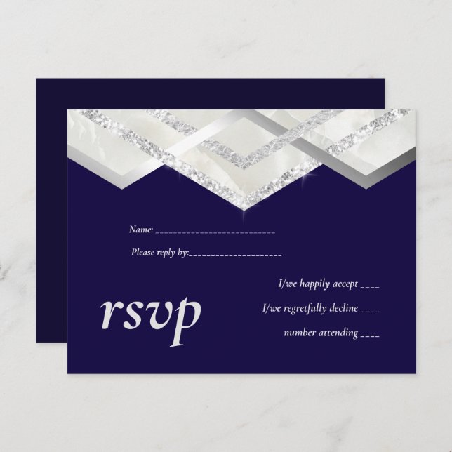 Postal De Invitación LeahG Budget Navy Silver Deco Wedding RSVP (Anverso / Reverso)