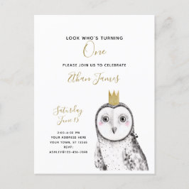 Postal De Invitación Lechuza Blanca y Negra Fiesta de primer cumpleaños