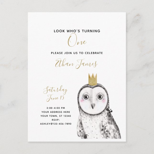 Postal De Invitación Lechuza Blanca y Negra Fiesta de primer cumpleaños (Anverso)