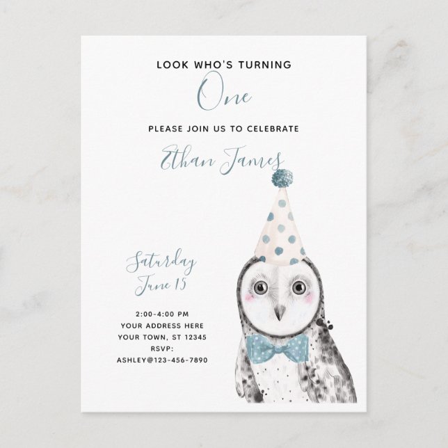Postal De Invitación Lechuza Negra y Blanca Primer Fiesta de Nacimiento (Anverso)