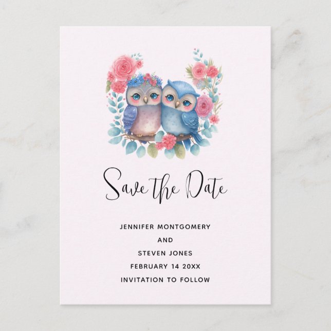 Postal De Invitación Lechuzas enamoradas sentadas en la rama del árbol  (Anverso)