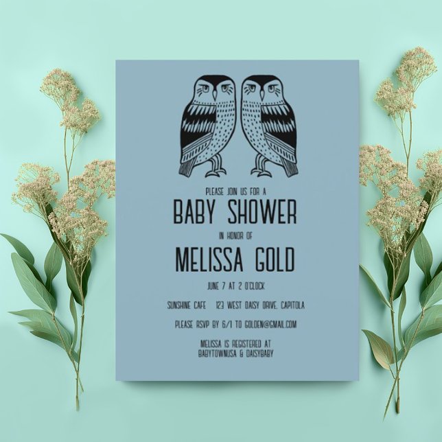 Postal De Invitación Lechuzas gemelas Cute Moda simple PERSONALIZADO BA (Cute twin owls decorate this custom baby shower invitation postcard. Add your own text)