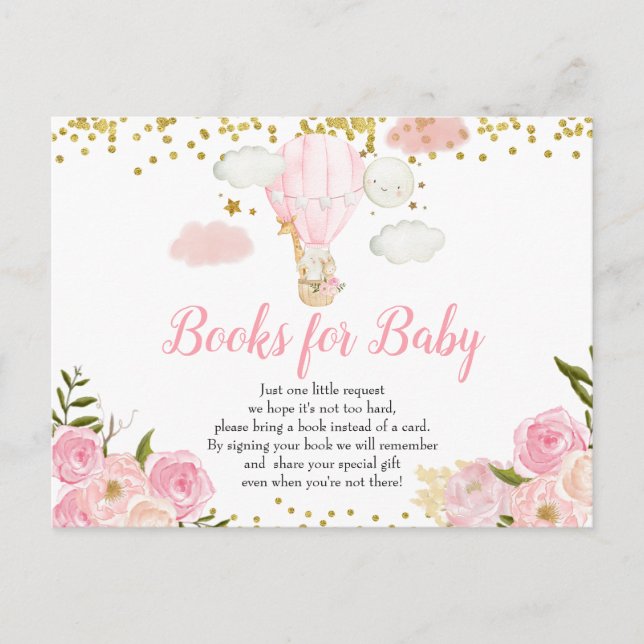 Postal De Invitación Libros de animales de globo aerostático rosa para  (Anverso)