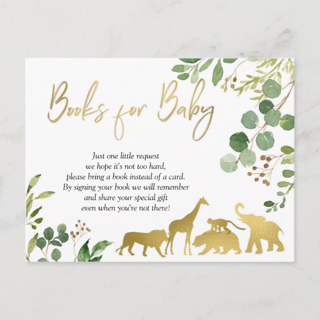 Postal De Invitación Libros de Baby Shower de animales salvajes para be (Anverso)