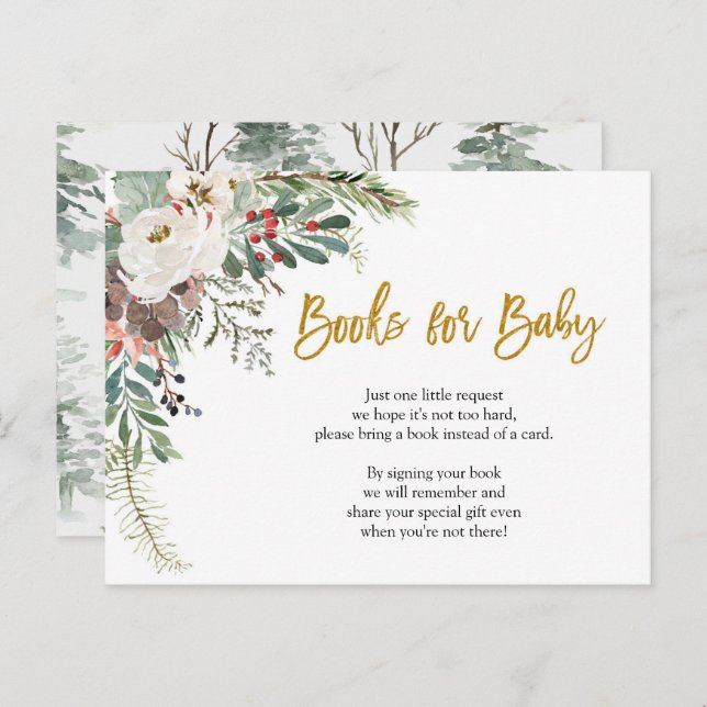 Postal De Invitación Libros florales de Navidad de invierno para bebé (Anverso / Reverso)