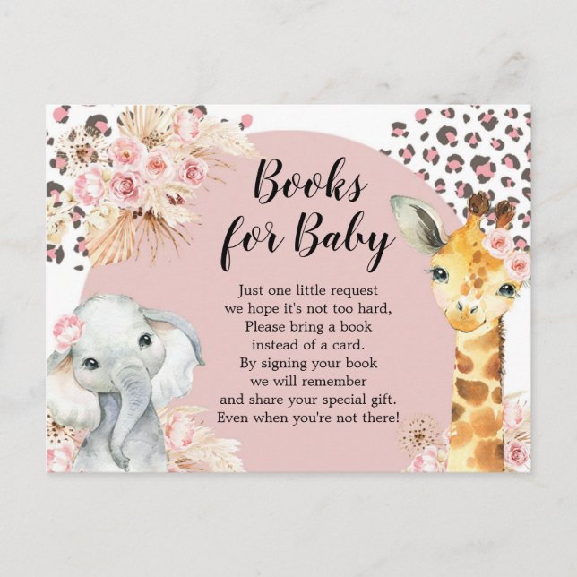 Postal De Invitación Libros para bebé niña de fiesta de safari boho ros (Anverso)