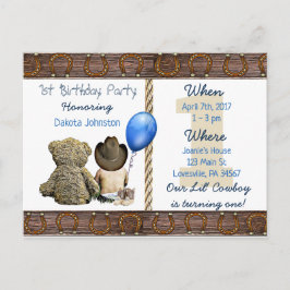Postal De Invitación Lil Cowboy Baby Boy y Teddy Bear 1er cumpleaños