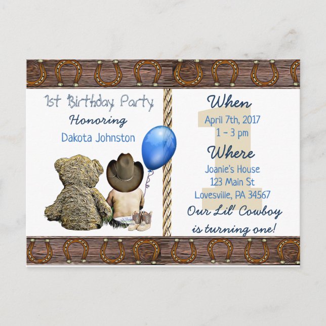 Postal De Invitación Lil Cowboy Baby Boy y Teddy Bear 1er cumpleaños (Anverso)