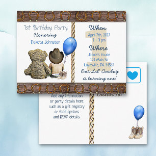 Postal De Invitación Lil Cowboy Baby Boy y Teddy Bear 1er cumpleaños