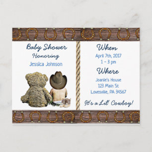 Postal De Invitación Lil Cowboy Baby Boy y Teddy Bear Baby Shower