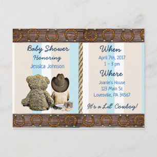 Postal De Invitación Lil Cowboy Baby Boy y Teddy Bear Baby Shower