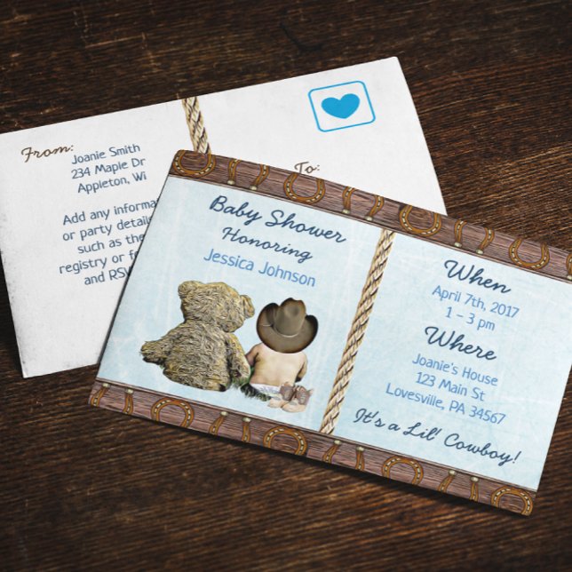 Postal De Invitación Lil Cowboy Baby Boy y Teddy Bear Baby Shower (Subido por el creador)
