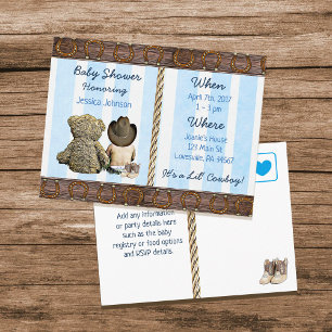 Postal De Invitación Lil Cowboy Baby Boy y Teddy Bear Baby Shower Inv