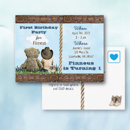 Postal De Invitación Lil Cowboy y Teddy Bear First Birday invitan a