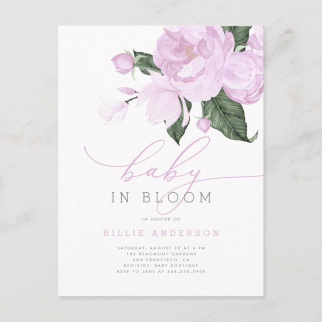 Postal De Invitación Lilac Floral Baby en la ducha de Chica en Bloom (Anverso)