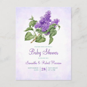Postal De Invitación Lilac Flower Baby Shower Verde Morado Botánico