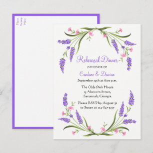 Postal De Invitación Lilacs Morado Acuarela Floral Ensayo Cena